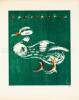 Weisse Ente auf grünem Grund. Pinsellithographie, in Grün und Rot.. Fischer, Hans (1909–1958):