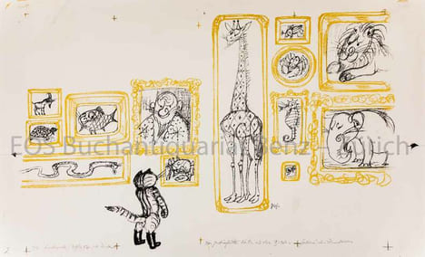 Der gestiefelte Kater in der Bildergalerie des Zauberers. Farb. Lithographie.. Fischer, Hans (1909–1958):