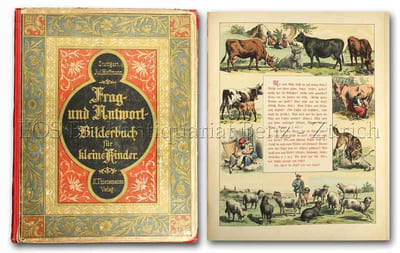 Frag- und Antwort-Bilderbuch für kleine Kinder von 3 bis 6 Jahren. 18 Bilder, mit Text, für den ersten Anschauungs-Unterricht.