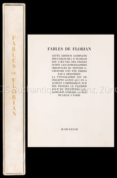 Fables de Florian... Lithographies originales du peintre G. Chopard... tireÌes par E. Desjobert... Typographie... de P. Gonin.. Florian: