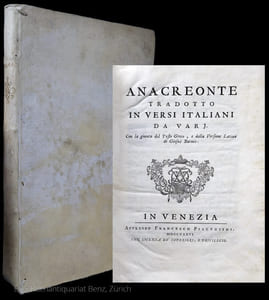 Anacreonte Tradotto In Versi Italiani Da Varj. Con la giunta del Testo Greco, e della Versione Latina di Giosue Barnes.
