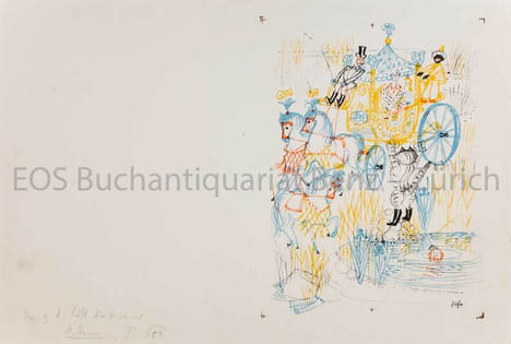 Der gestiefelte Kater hält die Kutsche. Farbige Lithographie.. Fischer, Hans (1909–1958):