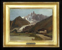 Le village des Praz avec Aiguille du Dru et Aiguille Verte.. Chamonix. -  Dumont, Alfred (1828-1894):