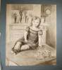 Spielendes Mädchen auf einem Tisch sitzend mit Kindertrompete in der Hand.. Burgdorfer, Daniel David (1800-1861):