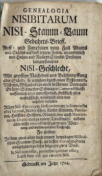 Genealogia Nisibitarum. Nisi-Stamm-Baum, Gebuhrts-Brieff, Auff- und Zunehmen vom Fall Adams und Evä bis auf diese letztere Zeiten ... verfallen.