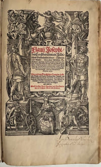 Historien und Bücher: von alten Juedischen Geschichten zwentzig sambt eynem von seinem leben: vom Juedischen krieg siben: von der Juden altem herkommen wider apionem grammaticum zwey: von meysterschafft der vernunfft und der Machabeer marter eyns. [6] 524 [20] ff. Title in red and black within woodcut border, 120 text woodcuts, printer's device at end. (Strasbourg, Theodosius Rihel, 1590).
Bound with:
HEGESIPPUS. Fuenff buecher vom Jüdischen Krieg und endlicher zerstörung der herrlichen und gewaltigen Statt Jerusalem. [6], 118, [6] ff. Title printed in red and black within woodcut border and 21 text woodcuts. [Ibid., idem].