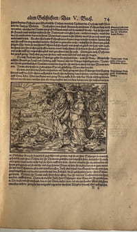 Historien und Bücher: von alten Juedischen Geschichten zwentzig sambt eynem von seinem leben: vom Juedischen krieg siben: von der Juden altem herkommen wider apionem grammaticum zwey: von meysterschafft der vernunfft und der Machabeer marter eyns. [6] 524 [20] ff. Title in red and black within woodcut border, 120 text woodcuts, printer's device at end. (Strasbourg, Theodosius Rihel, 1590).
Bound with:
HEGESIPPUS. Fuenff buecher vom Jüdischen Krieg und endlicher zerstörung der herrlichen und gewaltigen Statt Jerusalem. [6], 118, [6] ff. Title printed in red and black within woodcut border and 21 text woodcuts. [Ibid., idem].