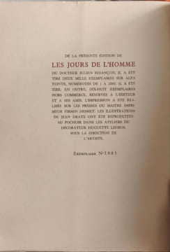 Les Jours de l'Homme numéroté 1881/2000 - illustrations de jean dratz. Docteur Julien Besançon