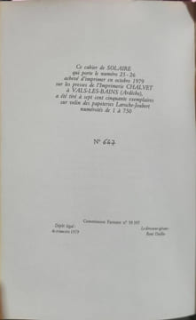 Solaire 25-26 ombre lumière - numéroté 647/750. Armel Guerne A. Jean André Lacarrière N. Cendo A. Lévêque M. Sofer André Dhôtel B. Amy G. Bayo ...