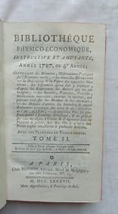 Bibliothèque physico-économique instructive et amusante, année 1787 ou 6e année, en 2 tomes, contenant des Mémoires et observations pratiques sur l'Economie rurale, les nouvelles découvertes les plus intéressantes dans les arts utiles et agréables ; la description et la figure de nouvelles machines, des instruments qu'on doit y employer, d'après les expériences des Auteurs qui les ont imaginées, des recettes, pratiques, procédés, médicaments nouveaux, externes ou internes qui peuvent intéresser les hommes et les animaux ; les moyens d'arrêter les incendies et autres événements provenans des vices et des alterations de l'air ; de nouvelles vues sur plusieurs points d'économie domestique et en général sur tous les objets d'utilité et d'agréments dans la vie civile et privée etc, A Paris, chez Buisson, 1787