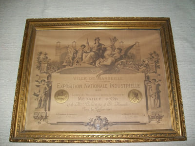 PARFUMERIE LORENZI PALANCA Exposition Nationale Industrielle 1886. Ville de Marseille. Médaille d'Or. Diplôme dans son cadre.