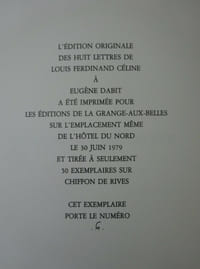 CELINE (Louis-Ferdinand). Huit lettres à Eugène Dabit. 1979 E.O. 1/50 numérotés