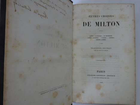 MILTON, John. Œuvres choisies. Gosselin 1839. E.A.S. du traducteur. MILTON, John