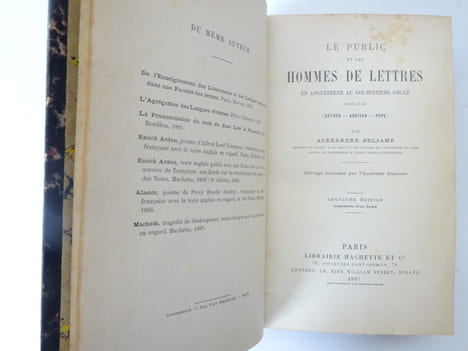 BELJAME, Alexandre. Le Public et les hommes de lettres en Angleterre au XVIIIe. BELJAME, Alexandre