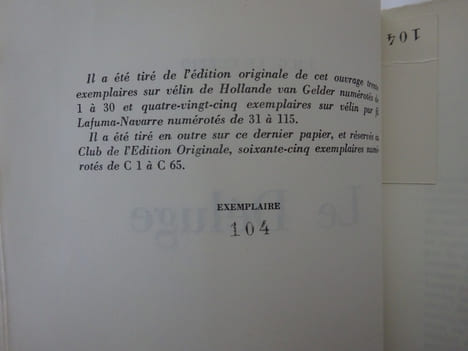 LE CLEZIO J. M. G. Le Déluge. Roman. 1966 E.O. 1/150 sur pur fil. LE CLEZIO