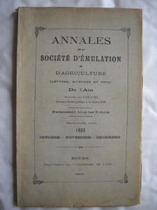 Annales de la société d'émulation et d'agriculture (Lettres, Sciences et Arts) de l'Ain, fondée en 1755-1783, reconnue d'utilité publique le 15 octobre 1829.Extrait d'une monographie de PEROUGES ( fin) par F. THIBAUT.Chants de Bresse par Louis PERRET.La valeur documentaire des manuscritd sur BROU par Victor NODET.Etudes archéologiques par F.MARCHAND.Résumé des Travaux de la Société d'Emulation et d'Agriculture de l'Ain (1902-1903, par F. SOMMIER.