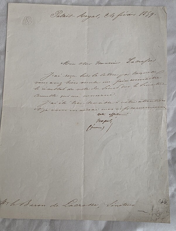 Lettre sign&eacute;e de Joseph Napol&eacute;on Bonaparte . 