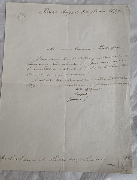 Lettre sign&eacute;e de Joseph Napol&eacute;on Bonaparte . 