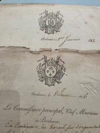 Lettres manuscrites du Commissaire principal, Chef maritime, Chevalier de l'Empire, Membre de la 10e Cohorte de la Légion d'honneur.