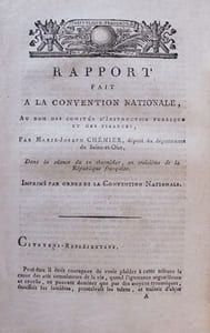 Rapport fait à la Convention Nationale, Au nom des Comités d'Instruction publique et des Finances, (...) dans la séance du 10 thermidor an troisième de la République française [28 juillet 1795]. [Sur l'organisation de l'Institut central de musique et la célébration des fêtes nationales à Paris].