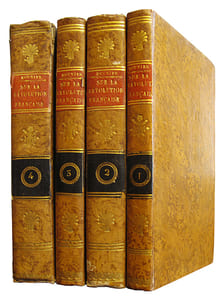 [OEuvres].1- Procès-verbal de lAssemblée générale des trois-ordres de la province de Dauphiné, tenue à Romans, par la permission du Roi. Grenoble, J.M. Cruchet et Nosseigneurs, 1788. 163 p.2- Second procès-verbal de l'Assemblée générale des trois-ordres de la province de Dauphiné, tenue dans la ville de Romans, le 2 novembre 1788. Grenoble, J.M. Cuchet, 1788. 120 p. 3- Nouvelles observations sur les Etats généraux de France. S.l., 1789. vi, 282 p, (2). 4- Considérations sur les gouvernements et principalement sur celui qui convient à la France. Versailles, Ph.-D. Pierres, 1789. 66 p.5- Exposé de la conduite de M. Mounier dans lAssemblée nationale et des motifs de son retour en Dauphiné. Edition exacte. Paris, Cuchet, 1789. (2), 62, 40, 39 p.6- Appel au tribunal de l'opinion publique, du Rapport de M. Chabroud, et du Décret rendu par l'Assemblée Nationale le 2 octobre 1790. Examen du Mémoire du Duc d'Orléans, et du Plaidoyer du Comte de Mirabeau, et nouveaux éclaircissemens sur les crimes du 5 et du 6 octobre 1789. Genève, 1790. (1) f., ii, 352 p. (relié sans la p. 3-4, auréole claire en marge de qqs f.).7- Recherches sur les causes qui ont empêché les Français de devenir libres, et sur les moyens qui leur restent pour acquérir la liberté. Genève et Paris, Gattey, Lyon, Maire de Mars, Bordeaux, Bergeret, 1792. 2 tomes, (2) f., xvi, 304 p.; vii, 295 p.