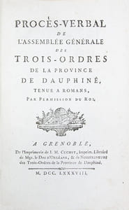 [OEuvres].1- Procès-verbal de lAssemblée générale des trois-ordres de la province de Dauphiné, tenue à Romans, par la permission du Roi. Grenoble, J.M. Cruchet et Nosseigneurs, 1788. 163 p.2- Second procès-verbal de l'Assemblée générale des trois-ordres de la province de Dauphiné, tenue dans la ville de Romans, le 2 novembre 1788. Grenoble, J.M. Cuchet, 1788. 120 p. 3- Nouvelles observations sur les Etats généraux de France. S.l., 1789. vi, 282 p, (2). 4- Considérations sur les gouvernements et principalement sur celui qui convient à la France. Versailles, Ph.-D. Pierres, 1789. 66 p.5- Exposé de la conduite de M. Mounier dans lAssemblée nationale et des motifs de son retour en Dauphiné. Edition exacte. Paris, Cuchet, 1789. (2), 62, 40, 39 p.6- Appel au tribunal de l'opinion publique, du Rapport de M. Chabroud, et du Décret rendu par l'Assemblée Nationale le 2 octobre 1790. Examen du Mémoire du Duc d'Orléans, et du Plaidoyer du Comte de Mirabeau, et nouveaux éclaircissemens sur les crimes du 5 et du 6 octobre 1789. Genève, 1790. (1) f., ii, 352 p. (relié sans la p. 3-4, auréole claire en marge de qqs f.).7- Recherches sur les causes qui ont empêché les Français de devenir libres, et sur les moyens qui leur restent pour acquérir la liberté. Genève et Paris, Gattey, Lyon, Maire de Mars, Bordeaux, Bergeret, 1792. 2 tomes, (2) f., xvi, 304 p.; vii, 295 p.