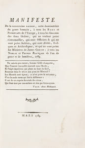 Manifeste de la souveraine raison, cette dominatrice du genre humain, à tous les Rois et Potentats de l'Europe, à tous les Grands des deux Ordres, qui ne veulent point 's'encanailler', qui sont Officiers & qui ne sont point Soldats, qui sont Abbés, Evêques et Archevêques, et qui ne sont point les Ministres de Jésus-Christ ; à tous les Nobles et Peuple Français de l'an de grâce et de lumières, 1789.