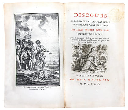 1- ROUSSEAU (Jean-Jacques). Discours sur l'origine et les fondemens de l'inégalité parmi les hommes. Amsterdam, Marc-Michel Rey, 1755. lxx, (2), 262, ...