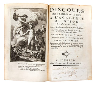 1- ROUSSEAU (Jean-Jacques). Discours sur l'origine et les fondemens de l'inégalité parmi les hommes. Amsterdam, Marc-Michel Rey, 1755. lxx, (2), 262, ...
