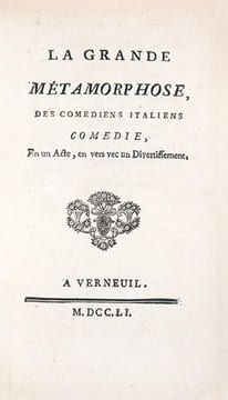 La Grande Métamorphose des Comédiens Italiens, comédie, En un Acte, en vers vec [sic] un Divertissement,. [ROUSSEAU (Pierre)]