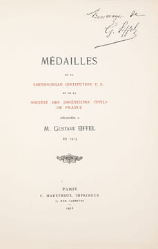 Médailles de la Smithsonian Institution U.S. et de la Société des Ingénieurs Civils de France décernées a M. Gustave Eiffel en 1913.. [EIFFEL ...