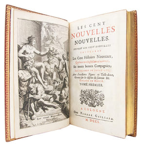 Les cent nouvelles nouvelles. Suivent les cent nouvelles contenant les Cent Histoires Nouveaux, Qui sont moult plaisans a raconter, En toutes bonnes Compagnies; Par maniere de joyeuseté. Avec d'excellentes Figures en Taille-douce, Gravées sur les desseins du fameux Mr. Romain de Hooge.