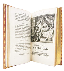 Les cent nouvelles nouvelles. Suivent les cent nouvelles contenant les Cent Histoires Nouveaux, Qui sont moult plaisans a raconter, En toutes bonnes Compagnies; Par maniere de joyeuseté. Avec d'excellentes Figures en Taille-douce, Gravées sur les desseins du fameux Mr. Romain de Hooge.