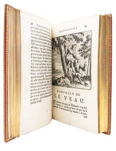 Les cent nouvelles nouvelles. Suivent les cent nouvelles contenant les Cent Histoires Nouveaux, Qui sont moult plaisans a raconter, En toutes bonnes Compagnies; Par maniere de joyeuseté. Avec d'excellentes Figures en Taille-douce, Gravées sur les desseins du fameux Mr. Romain de Hooge.