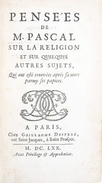 Pensées de M. Pascal sur la Religion et sur quelques autres sujets, Qui ont esté trouvées après sa mort parmy ses papiers.. PASCAL (Blaise)