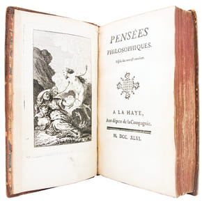 1- VOLTAIRE. Zadig ou la destinée. Histoire Orientale. S.l. [i.e. Paris, Prault et Nancy, Leseure], 1748. (1) f. de titre. (4) f. paginés iii-ix pour "Épître dédicatoire à la Sultane Shéraa" et Approbation (au verso de la p. ix), (1) f. de table et errata, 195 pages. [Précédé de:]2- DIDEROT (Denis). Pensées philosophiques. La Haye, Aux dépens de la Compagnie [i.e. Paris, Laurent Durand], 1746. (2), 136 p., (12) p. de table, planche frontispice gravée.