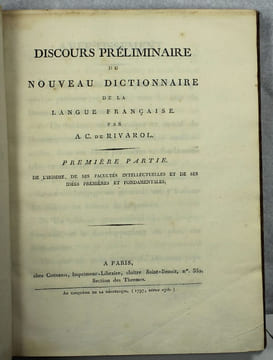 Discours préliminaire du nouveau dictionnaire de la langue française. Première partie : de l'homme, de ses facultés intellectuelles et de ses idées ...