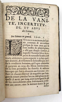 Déclamation sur l'incertitude, vanité et abus des sciences. Oeuvre qui peut proffiter et qui apporte merveilleux contentement à ceux qui fréquentent les cours des grands seigneurs, et qui veulent apprendre à discourir d'une infinité de choses contre la commune opinion.