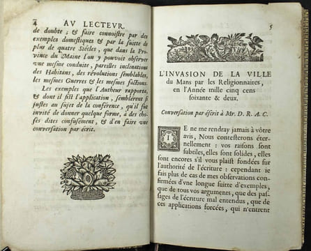 L'invasion de la ville du Mans par les religionnaires en l'année mille cinq cens soixante et deux. Conversation par escrit à Mr D.R.A.C.. BLONDEAU, ...
