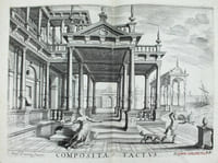 Les cinq rangs de l'architecture. A scavoir tuscane, dorique, ionique, corinthiaque et composée, avec l'instruction fondamentale faicte par Henry Hondius. Avec encores quelques belles ordonnances d'architecture, mises en perspective, inventées par Jean Vredeman Frison & son fils, & taillées par le dit H. Hondius, de nouveau reveues & corrigées, fort serviables & utiles pour la fortification & autres usages.