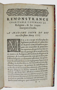 Remonstrance charitable touchant la religion et les vrayes marques d'icelle à Madame soeur du roy très chestien Henri IIII.