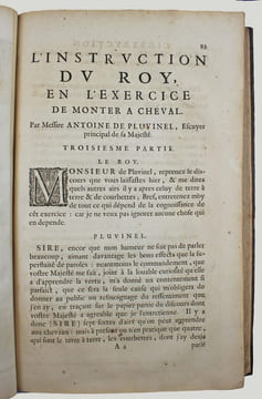 L'instruction du Roy, en l'exercice de monter à cheval.. PLUVINEL, Antoine de