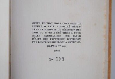 PLEURE O PAYS bien aime n703 HC. Alan Paton