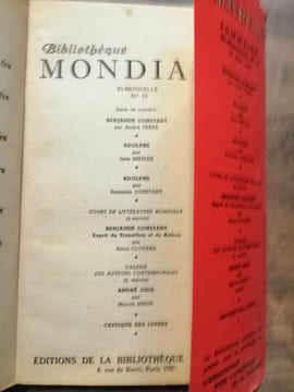 Bibliothèque Mondiale Nº10 Adolphe 15 Juin 1953. Benjamin Constant