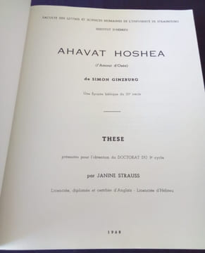 Ahavat Hoshea ( l'amour d'Osée) de Simon Ginzburg - Une épopée biblique du 20e siècle . Janine Strauss