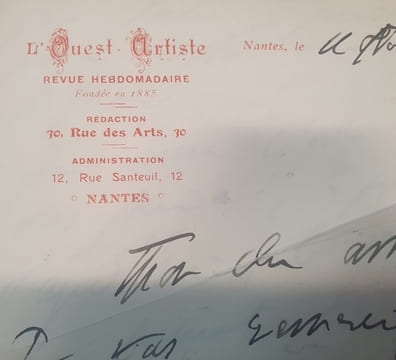 Lettre autographe signée d'Etienne Destranges ( Etienne Rouillé ) - Revue Ouest Artiste - Nantes Novembre 1911. undefined