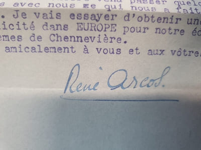 Lettre signée de René Arcos - Aout 1937