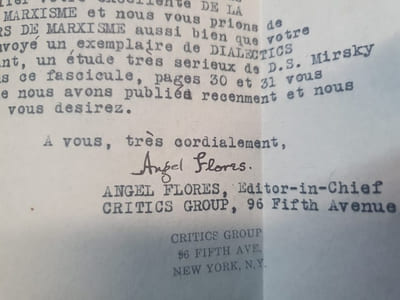 2 lettres de Angel Flores - Octobre 1936 et Avril 1937 Critics Group New York 