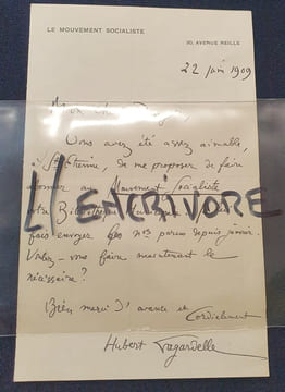 Billet autographe signé de Hubert Lagardelle - Juin 1909. undefined