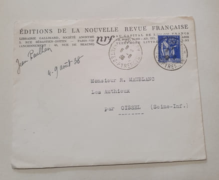 Lettre signé de Jean Paulhan  - Aout 1938. undefined